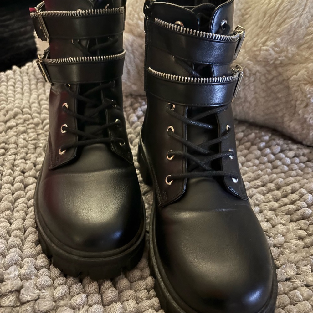 Black Leather Ankle Boots with Buckle Strap